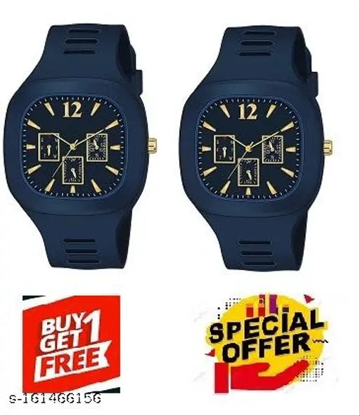 Navy blue analog wristwatch with yellow markings, featuring a brown leather strap and black dial