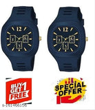 Navy blue analog wristwatch with yellow markings, featuring a brown leather strap and black dial