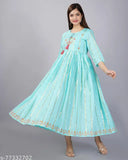 Rayon embroidered women's anarkali kurta, three-quarter sleeves. Indian ethnic wear in contemporary trends