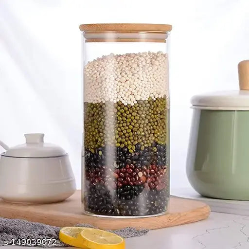 Glass and wood kitchen storage jar set, with bamboo lid