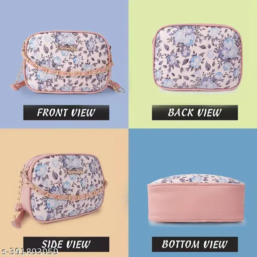 Slender sling bag, pink with floral pattern for women and girls