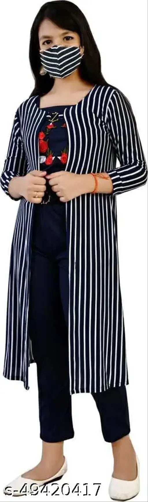 Navy stripe cotton blend girls' set: navy ankle-length pant, striped shrug, and top with matching mask, trendy fashion for 8-13 years