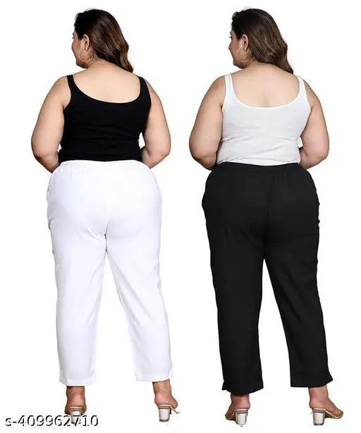 Solid cotton plus size trousers, elastic waistband, 2 pockets, women's combo, India-made