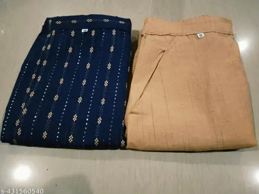 Blue navy and beige cream men's formal pants set. Includes two pairs: a slim fit dress pant and matching trousers, with detailed stitching