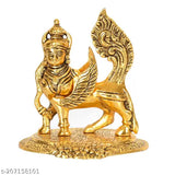 Yellow metal Kamadhenu Cow Statue (8cm H x 11cm L), sacred divine bovine symbol from India