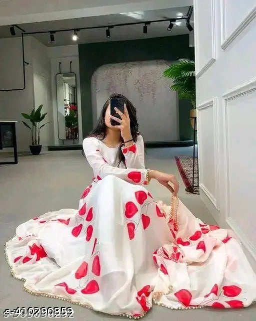 Red floral print Georgette stitched flared A-line gown with long sleeves, Indian party wear