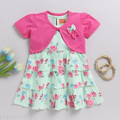 Cotton Snuggly Monkey Girls floral print frock with shrug for 6-18 month girls, vibrant floral design with layered shrug, perfect for special occasions
