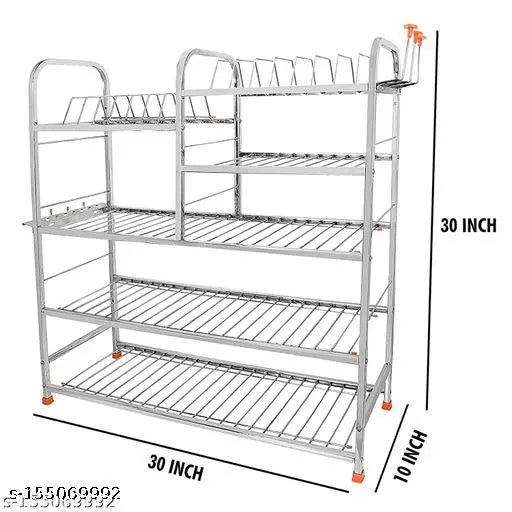 Stainless steel wall mount kitchen rack with five shelves, 30x30 inch, holding plates and cutlery