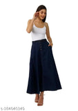 Blue stretchable denim skirt with side pockets, ideal for western style. Mid-length, stretchy, and perfect for all seasons. Available in sizes 26-44. Made in India