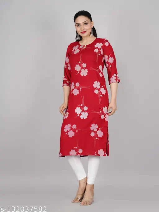 Rayon floral straight kurta, three-quarter sleeves, printed combo on women's clothing rack, India origin