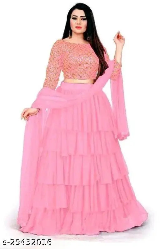 Embroidered net lehenga choli set with ruffle dupatta, trendy Indian women's fashion