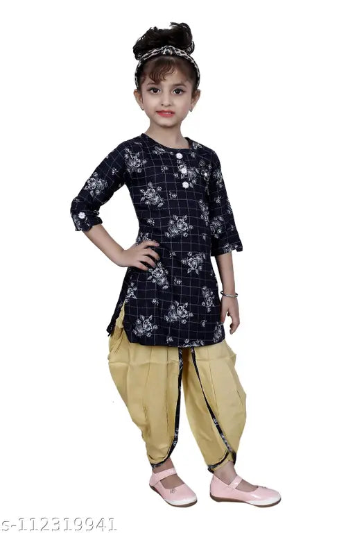 Navy Blue Designer Checked Patiala Suit for Girls, Hariyal Creation - Cotton Silk anarkali style with short sleeves, part of kids party/casual wear collection. Available in sizes 3-4 Years, 4-5 Years, 5-6 Years, 6-7 Years, 7-8 Years, and 8-9 Years. Made in India