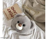 Stuffed animal shoulder bag with teddy bear head design, pastel colors, possibly made of polyester or similar fabric