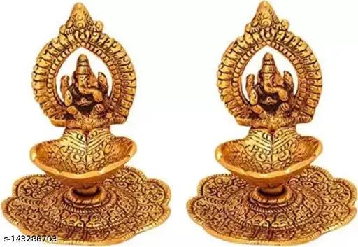 Golden Metal Ganesha Hath Diya Set (4.5 inch), ornate Indian idol for home & office temple decor