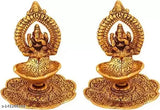Golden Metal Ganesha Hath Diya Set (4.5 inch), ornate Indian idol for home & office temple decor