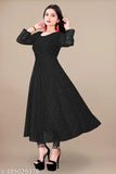 Black long kurta with a flared hemline, high neck, embellished cuffs, embroidered waistband