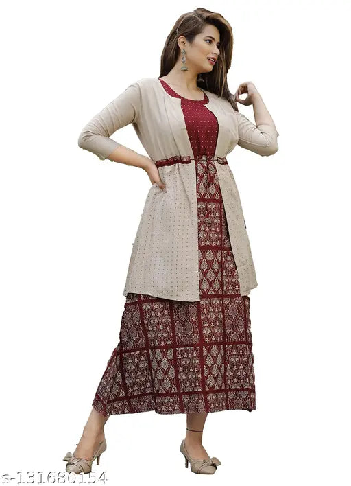 Rayon long-sleeved printed kurti with jacket, beautiful women's fashion from Veshvilla, S to XXXL sizes