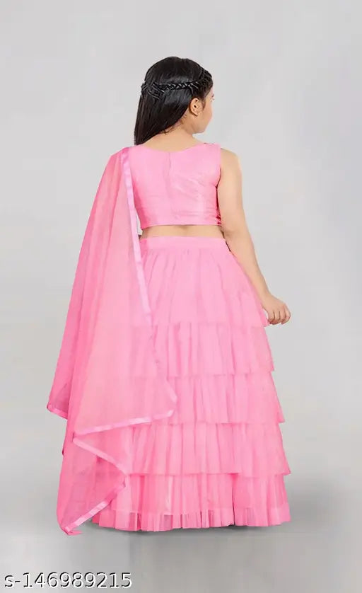 Kids Ruffle Lahenga Choli set, semi-stitched satin and net with embroidered and ruffled patterns for party wear, suitable for ages 5-16 years