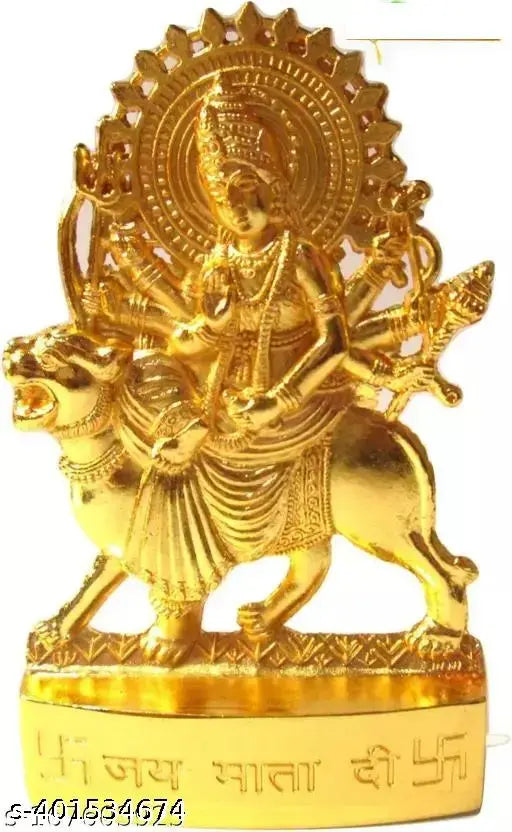 Brass Maa Durga Sherwali ma idol, 11cm tall for puja, intricately detailed Indian deity figure
