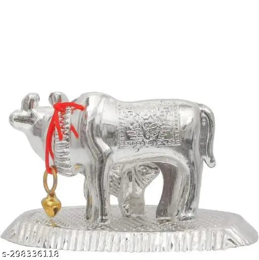 Silver brass Kamdhenu Cow with calf statue, symbolic Indian animal figurine