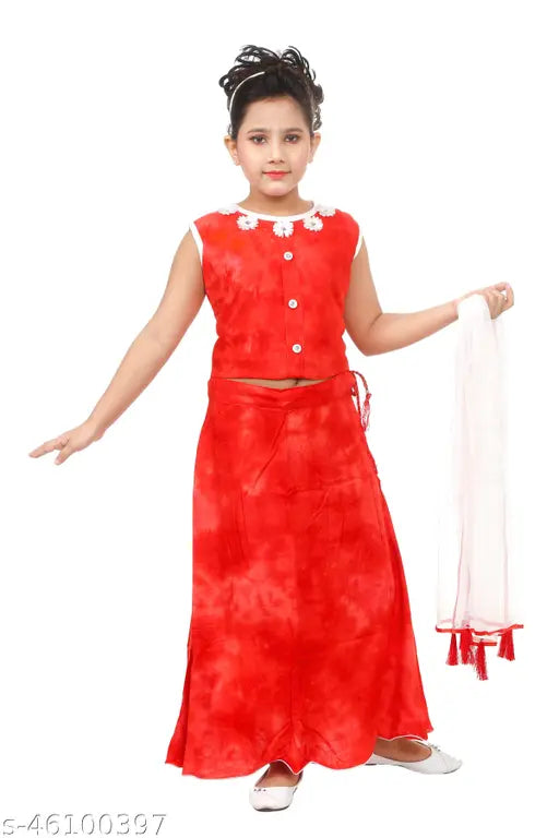Cotton blend sleeveless printed lehenga top for girls, vibrant club print pattern with solid dupatta, Indian fashion for age 5-11 years