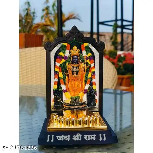 Fiber Ram Lalla idol temple with gold Charan Paduka, religious art form for car display, India origin