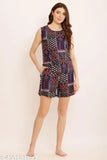 Stylish crepe women's nightsuit with printed net, short sleeves and shorts bottom, available in sizes S-XXXL from India