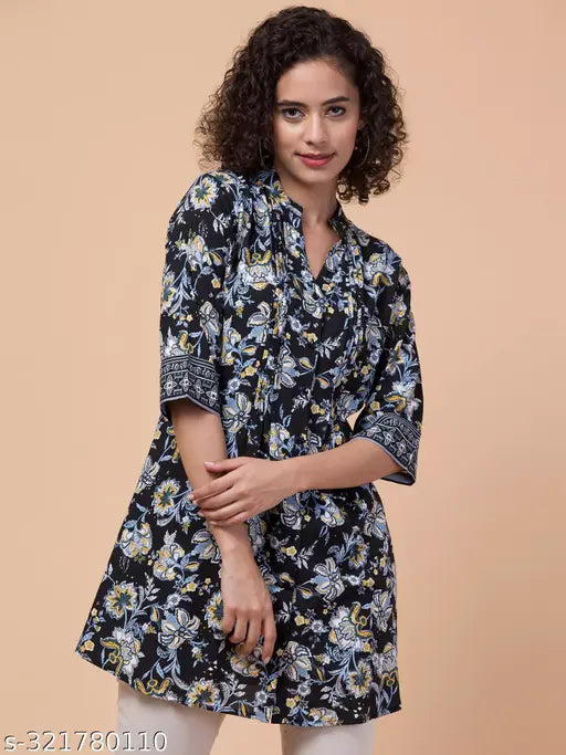 Rayon Black Grey Printed Tunic, 3/4 Sleeve, Mandarin Collar, India