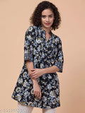 Rayon Black Grey Printed Tunic, 3/4 Sleeve, Mandarin Collar, India