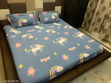 Multicolor glace cotton fitted unicorn printed queen size bedsheet with 2 pillow covers (90x100 inch), ideal for summer and adults on double queen-sized beds with a height of 4 to 8 inches. Easy to tuck-in, lightweight, and machine washable