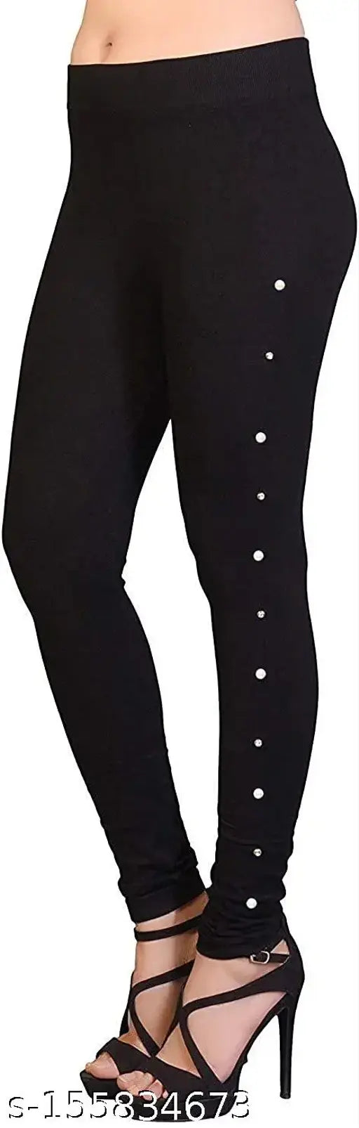 Solid black cotton jeggings for women & girls with side stone detail, stylish and versatile apparel from India