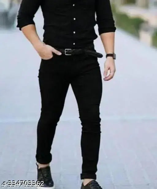 Black denim jeans for slim boys, mid-rise and five-pocket design, made in India