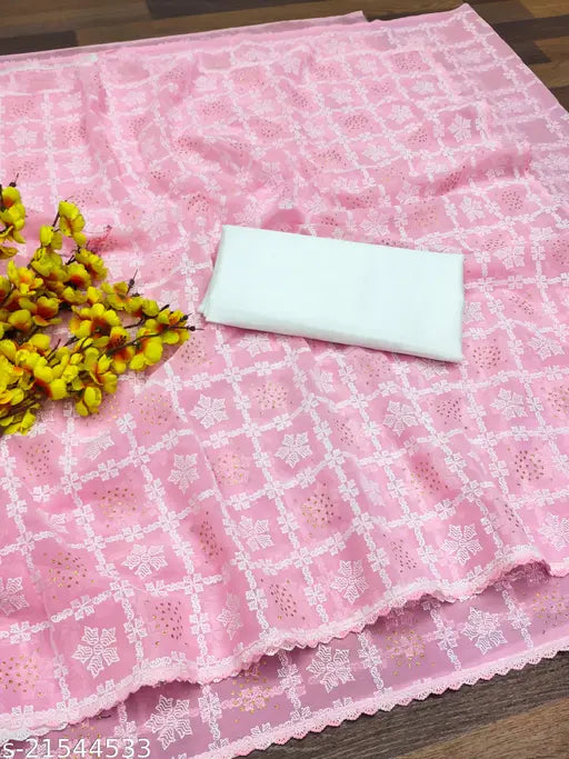 Vichitra silk hand block print saree, solid pattern with mirror and pam pam work, free size, Indian origin