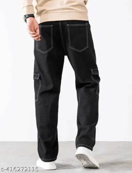 Black denim fashion jeans for men by Flaying Men DSKIF - Solid black, size 30, on model
