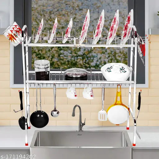 Stainless steel over-sink dish drainer rack, 2 shelves, space-saving kitchen organizer (30 x 28 inches)