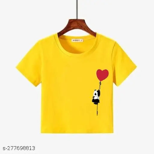 Cotton blend Balun panda yellow crop top, vibrant print on short sleeves
