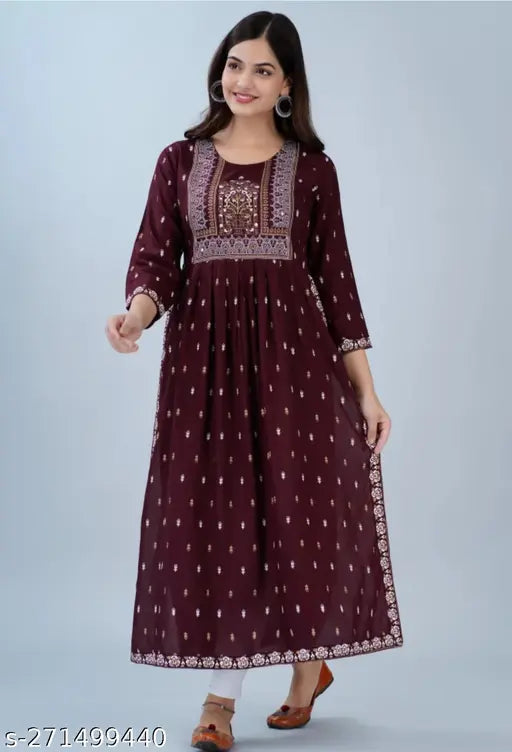Rayon three-quarter sleeve printed kurti, Naira cut design - Indian fashion