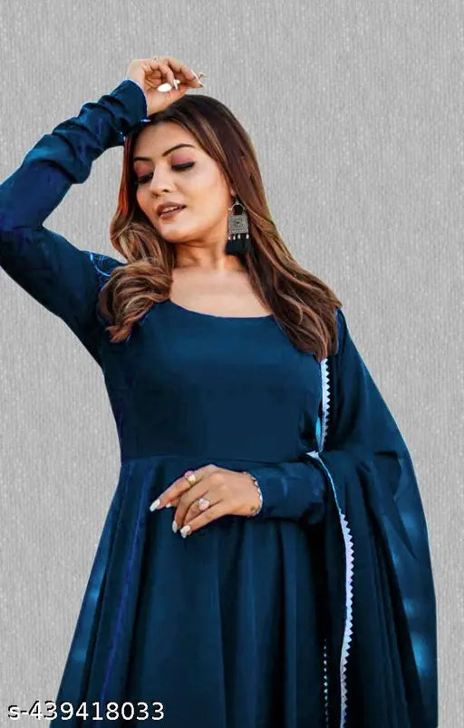 Georgette gown with dupatta, solid net, long sleeves, high-quality full stitch, women's formal wear, Indian origin