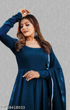 Georgette gown with dupatta, solid net, long sleeves, high-quality full stitch, women's formal wear, Indian origin