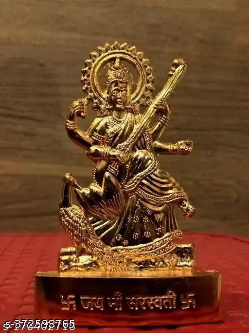 Metal Saraswati idol from Haridwar, 7cm tall for home and office puja temple