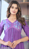Purple tie-dye rayon kurti with embroidery on yoke, three-quarter sleeves, printed combo design - S (bust 36in), M (bust 38in), L (bust 40in), XL (bust 42in), XXL (bust 44in) - Indian fashion