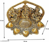 Metal Laxmi Ganesh Sarawati with 5 Diya set, Indian God idol for home, temple, office, and gifting. Measures 20x13x12.5cm (LxBxH)