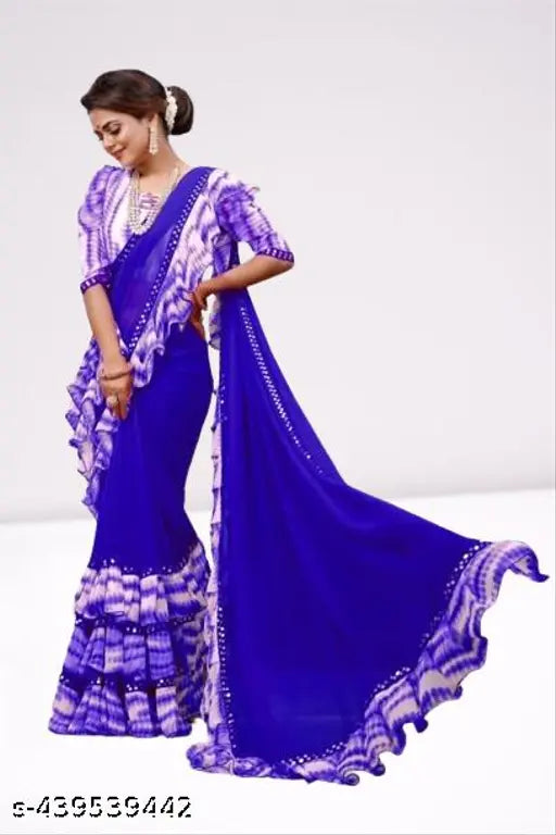 Purple georgette saree with blouse piece, ruffled frill design