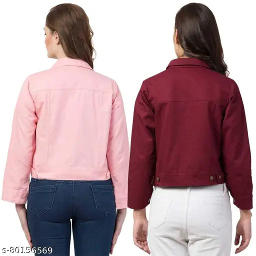 Women's cotton twill full sleeves jacket set, perfect for everyday wear - solid design, three-quarter length sleeves, pack of 2, available in sizes S to XL (India origin)