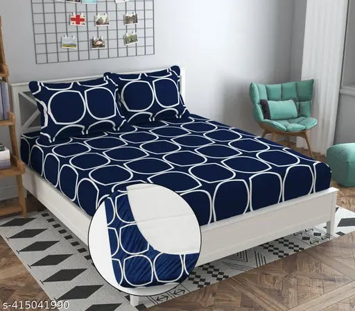 Superfine cotton, geometric-patterned, fitted double bedsheet with 2 pillow covers - perfect for summer sleep, luxury bedding from Delight Zone