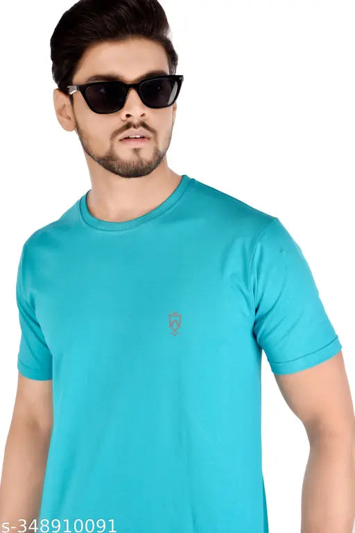 Men's sky blue cotton crew neck sports t-shirt for fitness wear and gym workouts, perfect for outdoor activities. Made from 100% poly blend, size S-XXL, originating in India
