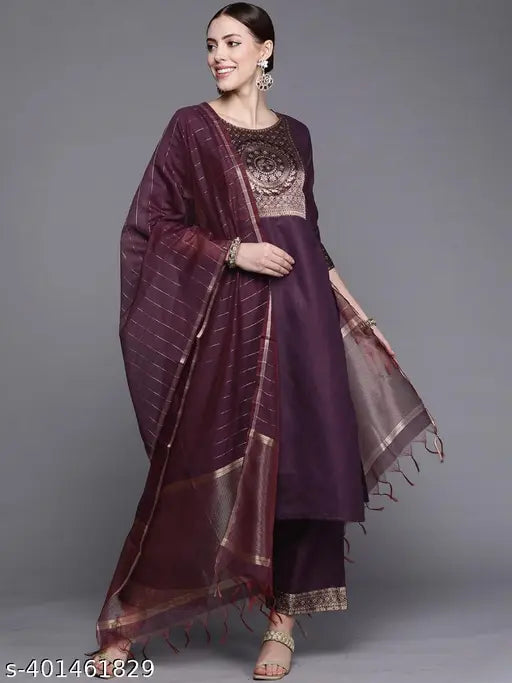 Vidusha Wine Cotton Kurti Set: Pack of 3 in Purple, featuring Palazzos and Dupatta - Indian women's formal wear
