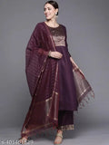 Vidusha Wine Cotton Kurti Set: Pack of 3 in Purple, featuring Palazzos and Dupatta - Indian women's formal wear
