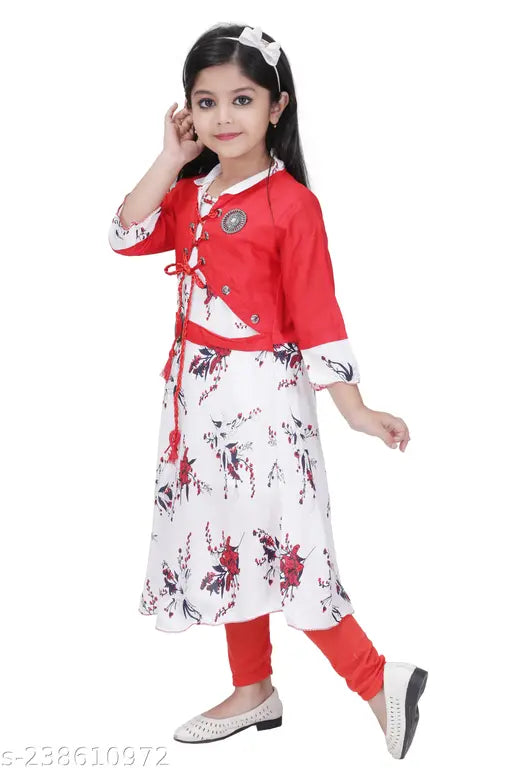Red cotton rayon frock & leggings set with 3/4 sleeves and printed pattern, suitable for girls aged 4-10 years