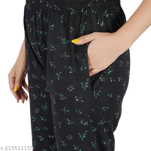 Black cotton lower track women's hosiery pyjama with zip and pockets